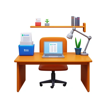 A home office setup featuring a wooden desk with a modern design. The desk is neatly organized with various "Bajaj Allianz" documents stacked in a file holder. There is a laptop open, displaying a spreadsheet. A comfortable office chair is positioned at the desk. A small potted plant adds a touch of greenery to the workspace. A desk lamp provides focused lighting, and a wall-mounted shelf holds a few books and decorative items.