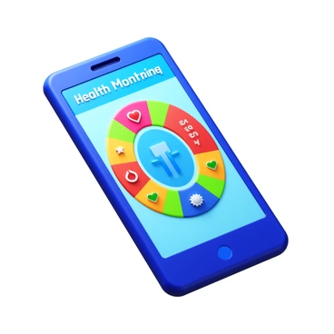 A smartphone with a sleek design is shown. The screen displays a health monitoring app interface featuring various metrics such as heart rate, steps taken, and sleep patterns. Bright colors highlight the different sections of the app. There are icons representing different health statistics surrounding a central graph. The device is positioned at a slight angle to showcase both the screen and the back of the phone.