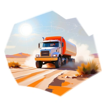 A large truck with a rugged design is traversing a vast desert landscape, its tires kicking up clouds of dust. The sun is high in the sky, casting sharp shadows on the sandy terrain. Sparse vegetation, such as thorny bushes and occasional cacti, is scattered across the scene. Overlaying the image, there is a visual representation of satellite tracking, illustrated with a grid and dotted lines indicating the truck's route. The truck's cabin is visible, with a driver focused on the road ahead, and the horizon stretches infinitely, blending subtle hues of orange and yellow in the desert backdrop.