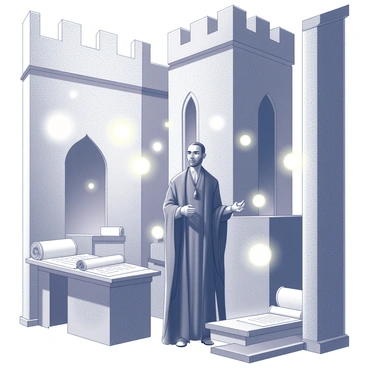 A tall figure, depicted as "Saruman", stands in a high tower made of stone. The tower features arched windows and intricate carvings on the walls. Surrounding him are numerous scrolls, some rolled up while others are spread open on a wooden table. Glowing orbs of light hover around the space, casting illumination on the scrolls and creating shadows in the corners. The figure is dressed in a flowing robe that drapes elegantly around him, and his expression is one of deep concentration as he engages with the scrolls.