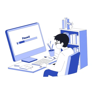 A student is seated at a desk, taking a break with a cup of coffee in hand. The student has short hair and wears glasses, appearing relaxed. The desk is cluttered with notebooks and stationery. In front of the student, a computer displays a pause screen from an online course, featuring a progress bar and a large "Paused" text at the center. The student gazes thoughtfully at the screen while the coffee cup steams gently. The environment around them includes a bookshelf filled with books and a potted plant on the side.