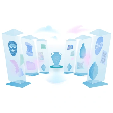 A spacious museum exhibit features various artifacts displayed on elegant glass cases. On one side, there is an intricate tribal mask from Africa, surrounded by woven textiles. Nearby, a large, ancient pottery piece is showcased alongside a colorful mosaic tile from the Mediterranean region. The center of the exhibit is adorned with a statue representing an Asian heritage, with delicate patterns etched into its surface. Detailed plaques next to each artifact provide "stories" that explain their cultural significance. Soft, ambient lighting highlights the textures and colors of each item, creating a warm atmosphere in the room.