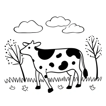 A cow standing in a field with scattered autumn leaves around it. The cow is looking to the side, with patches of varying patterns on its body. The background features gently swaying grass and trees that have lost many leaves, adding to the autumn scenery. Above, the sky is filled with soft clouds, creating a sense of warmth.