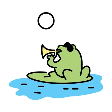 A green frog, with smooth skin and large bulging eyes, is sitting on a lily pad. The frog is holding a small, shiny trumpet between its webbed fingers and is puffing its cheeks as it plays. Above, a full moon casts a soft glow over the scene, illuminating the water's surface. Surrounding the lily pad, delicate ripples spread through the water, enhancing the tranquil atmosphere of the night.