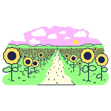 A vast field of sunflowers stretches out under a clear sky, with their large round faces turned towards the sun. Each sunflower stands tall, surrounded by green leaves, creating a vibrant scene. A dirt path winds through the field, leading towards the horizon, bordered by clusters of blooming sunflowers on either side. The sky above is uninterrupted, emphasizing the openness of the landscape. In the distance, the path gradually disappears into the horizon, inviting exploration.