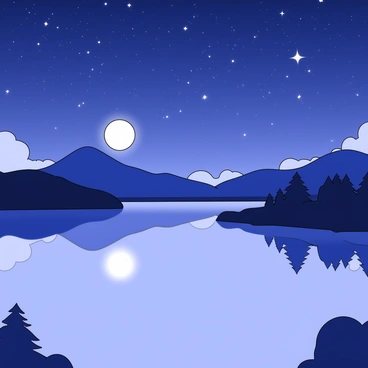 A lake is positioned in the foreground, its surface smooth and mirroring the night sky above. The bright light of a pulsar is visible in the sky, surrounded by a scattering of stars. The moonlight adds a subtle glow to the scene. The landscape includes silhouettes of trees on the edges of the lake, creating a frame around the water's stillness. The environment appears calm and untouched, emphasizing the tranquil nature of the lake.