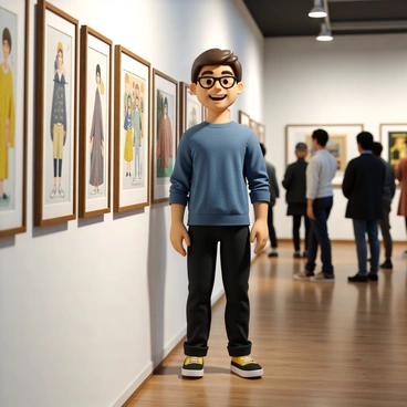 A student with short brown hair and glasses is proudly standing with a broad smile next to their framed illustrations. They are wearing a casual blue shirt and black jeans. The illustrations are colorful and displayed in ornate frames, hanging on a white gallery wall. There are several other artworks showcased around them, with visitors admiring the pieces in the background. Soft lighting highlights the artworks, creating a warm atmosphere in the college art exhibit.