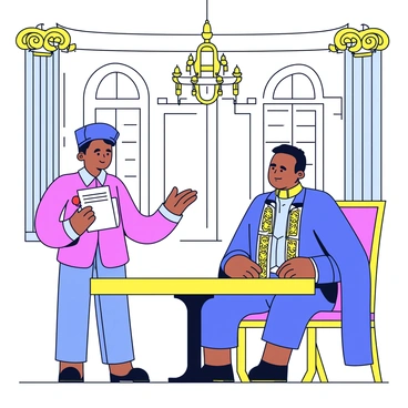 A servant wearing a simple yet elegant uniform is standing in a grand chamber. The servant is holding an important sealed letter with a red wax seal in one hand, while the other hand is gesturing toward a nobleman. The nobleman is dressed in luxurious attire with intricate details, and he appears to be focused on the letter. The chamber features tall arched windows with flowing curtains, ornate chandeliers hanging from the ceiling, and rich tapestries adorning the walls. A polished wooden table is positioned in the center, adding to the opulence of the scene.