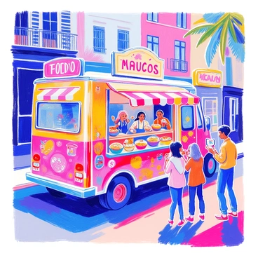 A vibrant food truck is parked on a lively street. The food truck has bold colors and eye-catching graphics featuring a variety of food items. It is serving colorful and unique dishes, displayed in decorative bowls and plates. Nearby, a diverse group of friends of various ethnic backgrounds is gathered, each enjoying their meals. One friend is taking a photo of their food, while another is animatedly talking and laughing. The scene captures a sense of togetherness and culinary excitement.