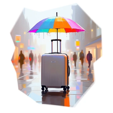 A Rimowa suitcase with a sleek metallic finish is standing upright on wet pavement, glistening with raindrops. Above it, a vibrant, colorful umbrella is open, providing shelter from the rain. Water droplets are cascading off the edges of the umbrella, creating a rhythmic pattern on the ground. In the background, blurred outlines of city buildings and pedestrians can be seen, partially obscured by the falling rain, contributing to the urban atmosphere of the scene. The ground reflects the colors of the umbrella and the lights of the city, enhancing the dynamic feel of the moment.