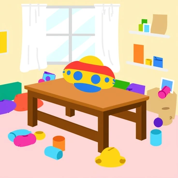 A colorful toy UFO with bright red, blue, and yellow patterns is spinning on a polished wooden table. The UFO features circular lights that flash intermittently as it rotates. The table is surrounded by soft, plush toys and scattered building blocks. In the background, there are colorful drawings hanging on the walls and a window with sheer curtains allowing sunlight to stream in, illuminating the room.