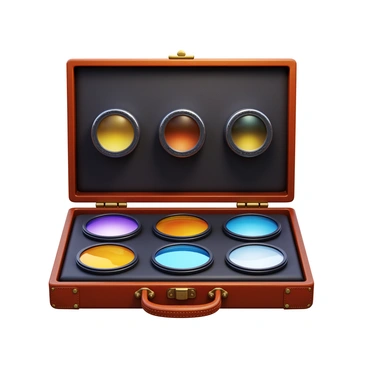 A collection of "vintage lenses" with various shapes and sizes, each with distinct markings, neatly organized within an "old leather case." The leather case features a weathered texture, with visible stitching and a brass clasp. The inside of the case is lined with soft, dark fabric to protect the lenses. Each lens reflects the ambient light, showing a slight glow. The lenses vary in color, including deep amber and cool blue hues, creating an attractive display as they rest securely in their designated slots.