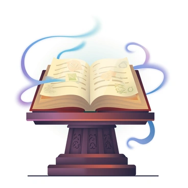 A dusty, leather-bound tome is open on a wooden pedestal. The pages of the tome are yellowed with age, and intricate symbols are visible on its open pages. Surrounding the tome, there are wisps of swirling magical energy in vibrant shades of blue and purple. The pedestal is crafted from dark oak wood, with ornate carvings along its sides. The background features a soft, muted glow that enhances the magical atmosphere surrounding the scene.