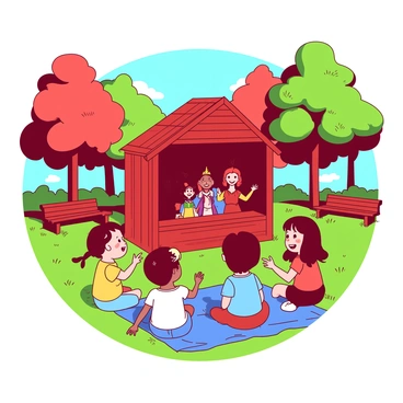 A red park filled with green grass and vibrant trees surrounding a small wooden puppet theater. A group of five children, diverse in appearance, are gathered in front of the theater, their eyes wide with excitement as they watch the performance. The children are sitting on a blue picnic blanket, and one child is pointing at the puppets with a joyful expression. Colorful puppets of various characters, such as a dragon and a princess, are visible through the open curtain of the theater. In the background, a few park benches and a clear blue sky can be seen.