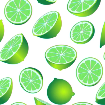 A repeating pattern of bright green lime slices, each featuring a textured rind and juicy, translucent interior. The limes are arranged in a symmetrical layout, some cut in half to reveal their inner segments, while others are whole. The background is a vivid, bold color, enhancing the freshness of the limes. The slices create a dynamic visual flow, with varying angles and orientations adding depth to the composition.