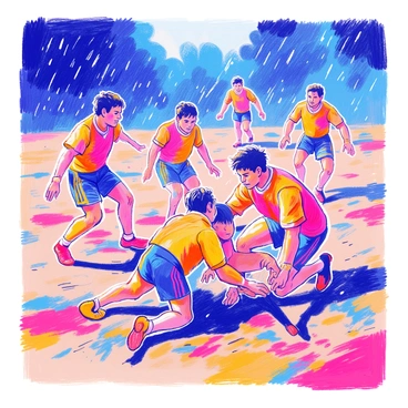 A group of kabaddi players is engaged in an intense match on a muddy field. One player is sliding on the ground, arms extended as he attempts to tag an opponent. Other players are in dynamic postures, showcasing various tackling techniques. The muddy field is splattered with mud, and water droplets from the rain are visible around them. Dark clouds loom overhead, and the players are wearing brightly colored jerseys, with some mud splashed across their uniforms. Personal expressions of concentration and determination are evident on their faces as they compete fiercely.