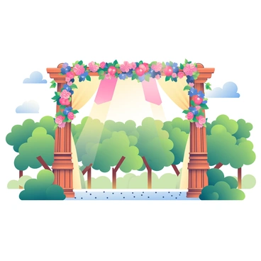 A beautifully decorated mandap is nestled in a lush vineyard surrounded by green grapevines. The mandap features intricate wooden pillars adorned with vibrant floral garlands. Soft drapes in pastel colors hang from the top, creating an inviting atmosphere. In the background, rows of grapevines stretch out, their leaves rich and green. The ground is sprinkled with small pebbles, adding to the rustic charm of the setting. A gentle breeze sways the vines, and the sunlight casts a warm glow over the scene.