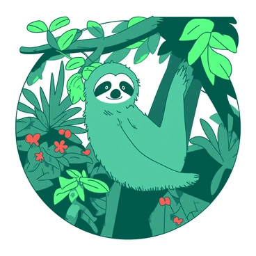A sloth hanging lazily from a tree branch, surrounded by lush jungle