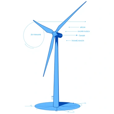 A blue technical sketch of a modern wind turbine design showcases a tall, sleek tower, which is supported by a wide circular base. The turbine features three long, slender blades that extend outward from a circular hub at the top. The blades are angled elegantly to catch the wind efficiently. Detailed annotations in fine lines highlight specific components such as the rotor, gearbox, and generator. The background includes faint grid lines to indicate precise measurements, providing a clear context for the design elements.