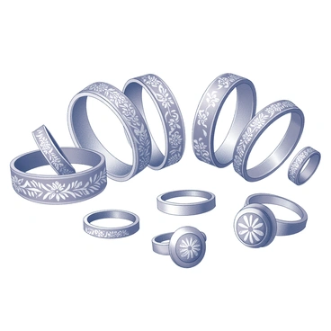 An assortment of jewelry pieces is displayed prominently. There are several bracelets, each adorned with intricate "mehendi patterns" that showcase detailed floral and paisley designs. Alongside the bracelets, a selection of rings is arranged, featuring similar "mehendi patterns" etched into the metal. Some rings exhibit wide bands with elaborate designs, while others are delicate with a single floral motif. The arrangement allows for a clear view of the craftsmanship, emphasizing the fine details of each piece.