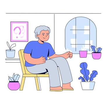 An elderly person with gray hair is seated on a light wooden chair in a senior center. The individual is wearing comfortable clothing, consisting of a soft blue t-shirt and light gray pants. The person is engaging in scapular retraction exercises, pulling their shoulders back gently. Their hands are resting on the thighs, and the face displays a calm expression, focusing on the exercise. The background includes simple decorations in soft colors, with plants in pots and minimal furniture. Natural light filters into the room through a large window.