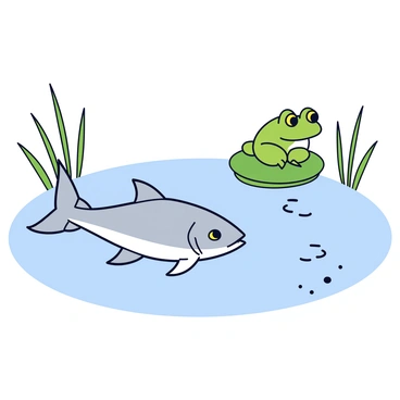 A piranha with shiny silver scales and sharp teeth is hovering just beneath the surface of a calm pond. Above the water, a green frog is sitting on a round, green lily pad, its bright yellow eyes focused on the piranha. The pond has clear water, allowing a view of small pebbles at the bottom. Surrounding the pond, there are tall grasses swaying gently in the breeze.