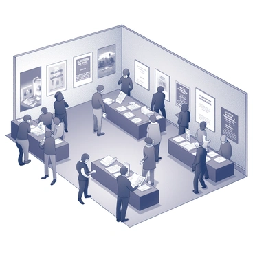 A community center filled with people gathered for a seasonal book launch event. Tables are set up displaying "illustrated books" by various authors. Each author stands beside their table, engaging with attendees and discussing their work. The atmosphere is lively, with small groups of people browsing the books and conversing. "Posters" featuring the authors' names and book covers are displayed prominently around the room. In one corner, a small podium is set up for author readings and signings. There are decorations that reflect the current season, enhancing the festive atmosphere of the event.