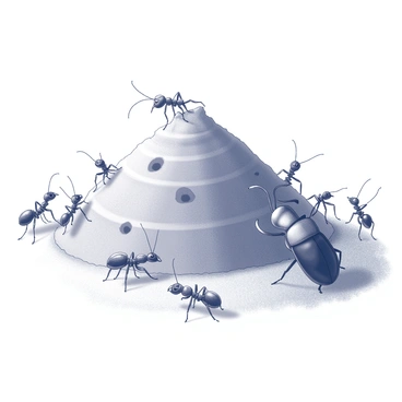 A colony of ants is gathered around their mound, showcasing a highly organized and cooperative defense. The ants are small and have distinct segmented bodies with antennae prominently positioned. They are positioned in various stances, some standing guard while others are actively engaging. The mound is composed of small soil particles, creating a textured surface with several entrances visible. In the foreground, a large beetle, with a shiny exoskeleton and distinct curved horns, approaches the mound, striking a threatening pose. The ants are communicating with each other, some raising their antennae while others are making swift movements toward the intruder. The scene captures the tension of the moment as the ants prepare to defend their home.