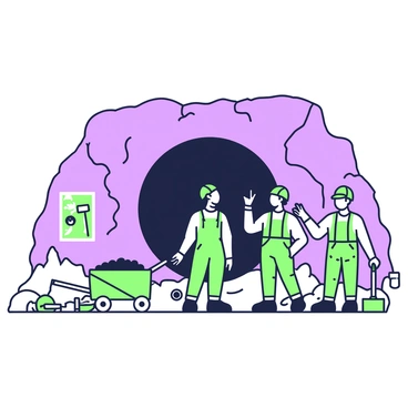 A coal mine entrance is visible, framed by rugged rock formations. Several miners stand in front of the entrance, wearing hard hats and safety gear. One miner is checking his equipment, while another is adjusting his helmet. Near the entrance, a cart filled with coal sits ready for use. The miners exhibit a sense of camaraderie as they prepare to head underground, with one of them pointing towards a nearby map of the tunnels. Tools such as pickaxes and shovels are scattered around, emphasizing the hard work ahead.