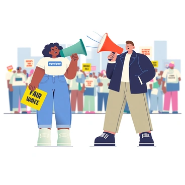 A woman with medium skin and curly black hair is speaking into a megaphone labeled "equal pay." She is wearing a white t-shirt with a blue logo and denim jeans. In her other hand, she is holding a bright yellow sign that reads "Fair Wages for All." Beside her, a man with light skin and short brown hair stands with a larger, red megaphone, projecting sound. He is dressed in a black jacket and khaki pants. The background features a diverse crowd of people holding various signs advocating for equal pay. The scene is set in a city plaza, with tall buildings visible in the distance.