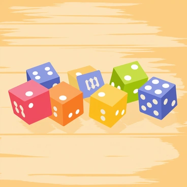 A set of six multi-colored dice arranged on a wooden table. Each die displays a different number on its faces, showing a variety of colors like red, blue, green, yellow, orange, and purple. The wooden table has a textured surface, adding a rustic feel to the setting. The lighting creates subtle shadows, enhancing the three-dimensional appearance of the dice.