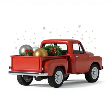 A red pickup truck parked on a snowy surface, with a shiny exterior reflecting the winter light. The back of the truck is filled with various holiday decorations. There are green evergreen wreaths adorned with red ribbons, glimmering string lights in multiple colors, and a few large ornaments in bright shades of gold and silver. The truck's bed is slightly open, revealing the festive items carefully arranged for easy access. Snowflakes gently fall around the scene, adding to the festive atmosphere.