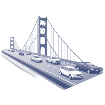 A wide view of the Golden Gate Bridge under a clear sky. Multiple cars are traveling across the bridge, showcasing a mixture of vehicle types including sedans, SUVs, and trucks. The bridge's iconic structure is prominently featured, with its tall towers and suspension cables. There are visible lines of traffic, demonstrating the rush hour activity. The roadway is filled with vehicles that appear to be moving in both directions, creating a sense of motion and urgency.