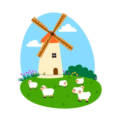 A tall, traditional windmill with wooden blades stands prominently in a lush, green countryside. The windmill features a whitewashed exterior with a wooden door and window frames, surrounded by blooming wildflowers in vibrant colors. In the foreground, a small flock of fluffy sheep grazes peacefully on the grassy field, their woolly coats white and soft. A clear blue sky with a few fluffy clouds provides a bright backdrop to this serene rural scene.