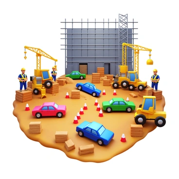 A series of colorful cars maneuvering through an obstacle course. The course is set among large construction machinery and materials, such as cranes, bulldozers, and stacks of bricks. The cars are navigating around various obstacles like cones and barriers. There are construction workers in hard hats observing the scene. The background features a large building under construction, with scaffolding visible. The ground is uneven with dirt and gravel, adding to the challenge of the obstacle course. Clear skies are above, enhancing the dynamic atmosphere of the construction site.