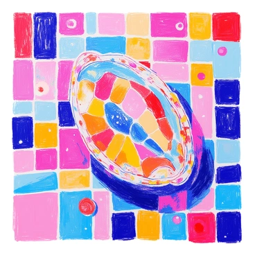 A colorful mosaic art piece where individual tiles form a larger image of labia.