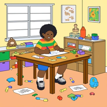 A child with light brown skin and curly black hair sits at a wooden table in a bright, sunlit room. The child is wearing a colorful striped t-shirt and blue shorts. The workspace is filled with an organized chaos of toys scattered around, including plush animals, building blocks, and colorful action figures. Various art supplies are spread out on the table, including markers, crayons, and sheets of paper with drawings. The walls are decorated with colorful artwork and posters. There is a sense of lively energy as the child concentrates on creating a drawing with a smile on their face, surrounded by the vibrant colors of the workspace.