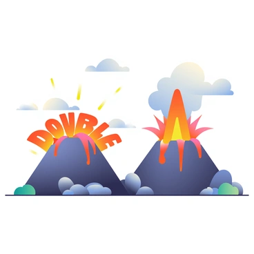 Two volcanoes are erupting, each emitting bright orange lava flows. The first volcano on the left has lava cascading down its side, forming the word "Double" in a fiery display. The second volcano on the right also erupts, with its lava flowing down to spell the word "Jeopardy." The scene captures an intense moment of volcanic activity, with smoke billowing into the sky and glowing embers floating around. The ground is rocky and uneven, with scattered boulders surrounding the base of the volcanoes.