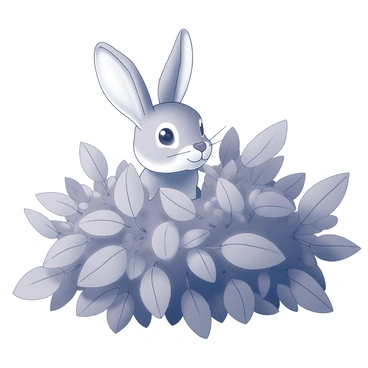 A rabbit with soft fur and large ears is peeking out from behind a dense, leafy bush. Its eyes are wide with curiosity as it partially emerges from the foliage. The leaves are lush and abundant, creating a natural frame around the rabbit. The scene conveys a sense of the rabbit's cautious yet playful demeanor as it surveys its surroundings.