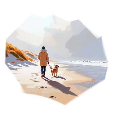 A winter beach scene at Bournemouth, featuring soft, snow-dusted dunes gently rolling along the coastline. The sky is overcast with shades of gray, suggesting a chilly atmosphere. A lone figure is walking along the beach, bundled in a warm coat, with a dog trotting happily beside them. The shoreline is marked by delicate traces of footprints in the sand, leading towards the water’s edge, where gentle waves lap softly.
