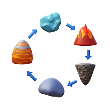 A detailed 3D icon illustrating the rock cycle. Include "sedimentary rocks" depicted with layered formations and fossils. Show "igneous rocks" represented by solidified lava with a rough texture. Feature "metamorphic rocks" characterized by banding and foliation. Arrange these rock types in a circular flow to signify transformation in the rock cycle. Include arrows connecting each rock type to indicate their transitions and processes.