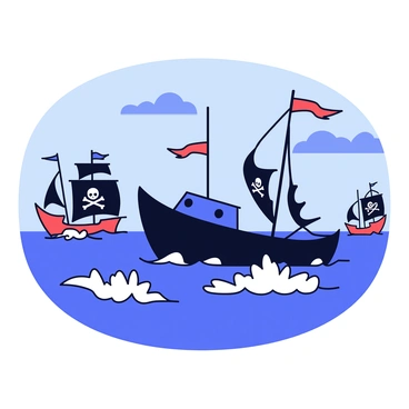 A navy barge with a sleek, dark blue hull is depicted navigating turbulent waves in the open sea. The barge features a prominent mast and flags fluttering in the wind. Surrounding the barge are several pirate ships with tattered black sails, their sharp prow cutting through the water. The sky is overcast, with dark clouds looming above, adding intensity to the scene. Waves crash against the hull of the barge, and splashes of white foam rise around it.