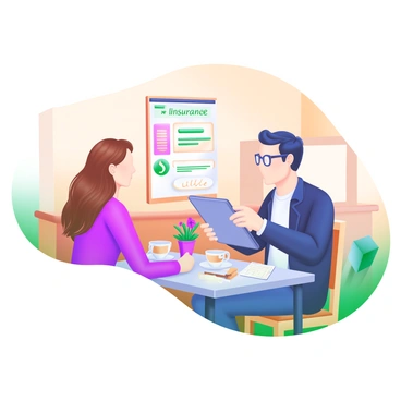 A modern pastel illustration depicting a financial advisor sitting at a small table in a cozy coffee shop. The financial advisor is a middle-aged person wearing glasses, holding a tablet and explaining insurance options to a newly engaged couple. The couple, a young woman with long brown hair and a young man with short black hair, sit across from the advisor, looking attentive and engaged. Surrounding the table are coffee cups, a small bouquet of flowers, and a notepad with handwritten notes. The coffee shop features warm lighting and wooden furniture, creating an inviting atmosphere.
