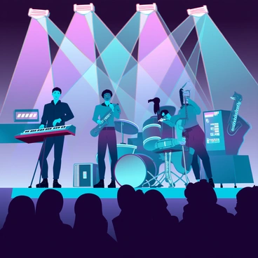 A modern jazz band featuring four musicians, each playing electronic instruments. One musician is at a sleek keyboard with glowing keys, while another stands behind a digital drum set with pulsating lights. A saxophonist plays a futuristic-looking saxophone that emits colorful light patterns, and a bassist holds an electric bass guitar with an illuminated neck. The stage is filled with vibrant, dynamic lighting that changes colors, highlighting the musicians as they perform. The audience is in a shadowy foreground, captivated by the performance.