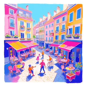A bustling old town square is filled with vibrant activity. In the center, there are street performers showcasing their talents, including a juggler, a musician playing a guitar, and a mime entertaining a small crowd. Surrounding the square, several quaint cafes have outdoor seating, where happy patrons enjoy their meals and conversations. Colorful awnings shade the tables, and flower boxes spill over with blooming flowers. Cobblestone streets lead to various shops that line the square, adding to the lively atmosphere.