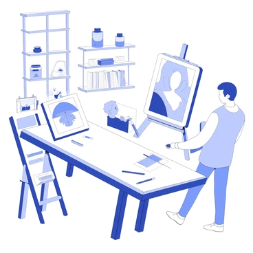 An artist is standing in a spacious studio, surrounded by various tools and technologies. On a large wooden table, there are tubes of paint, brushes, and a tablet displaying a digital art application. The artist is holding a stylus, intently focused on the tablet screen. Nearby, there is a canvas on an easel, showcasing a partially completed painting. Shelves in the background hold an assortment of art supplies, including jars filled with colorful pigments, sketchbooks, and art reference books. Natural light streams through a large window, illuminating the workspace.