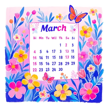 A calendar page for "March" features a vibrant display of blooming flowers in various shades of pink, yellow, and purple. Each flower is intricately detailed, showcasing petals and leaves with clear outlines. Scattered throughout the page are several colorful butterflies, their wings elegantly spread open, displaying intricate patterns. The dates of the month are clearly marked in a bold font, blending seamlessly with the floral design. The overall scene conveys the lively essence of springtime.