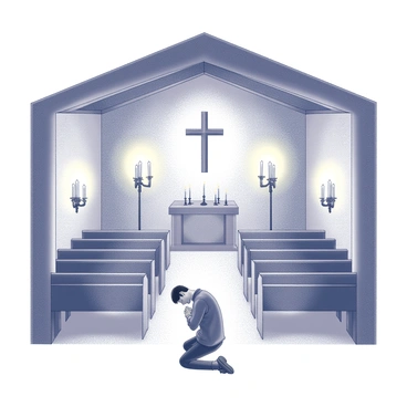 A small chapel with stone walls and wooden beams overhead. The interior features rows of wooden pews, arranged neatly for worshippers. Several candles are lit, casting flickering shadows on the walls and providing a warm, inviting light. In the center of the chapel, a single person kneels in prayer, hands clasped together. Their head is bowed respectfully, creating a sense of serenity and focus within the space. A simple altar stands at the front, adorned with a cross and additional candles. The atmosphere conveys a profound sense of reverence and solitude.