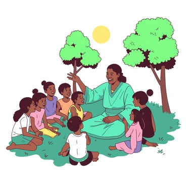 A teal figure of Maveli, with a joyful expression, is sitting on the grass among a group of excited children. Maveli is dressed in traditional attire, adorned with intricate patterns. The children, wearing colorful clothes, are sitting in a semicircle around Maveli, their eyes wide with fascination. Some children are leaning forward eagerly, while others are giggling and whispering to each other. In the background, a few trees with lush green leaves provide a natural frame for the scene. The sun casts a warm light, creating a cheerful atmosphere as Maveli gestures animatedly, telling stories of old times.