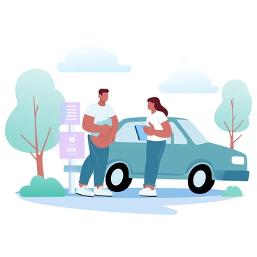 A customer is standing next to their vehicle at a curbside pickup point. The customer is wearing a casual outfit consisting of a t-shirt and jeans, holding a bag that contains their order. The vehicle is parked near a designated pickup area, with a sign that reads "Curbside Pickup." Surrounding the area are trees with green leaves, and a clear sky in the background. A friendly staff member is approaching the customer, wearing a uniform and carrying a tablet for confirming the order.